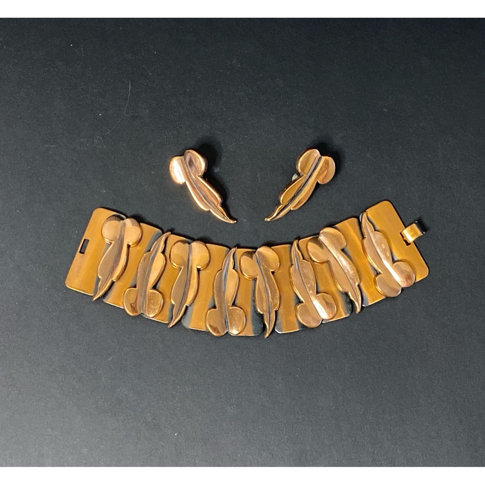 Vtg Renoir Modernist Copper Link Bracelet & Clip Earrings Set Fall Leaves MCM
